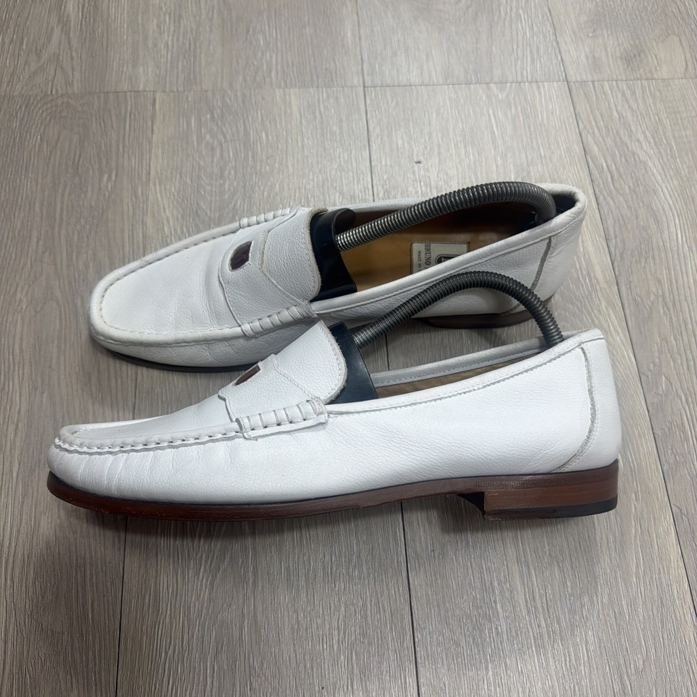 Bruno Magli White Leather Penny Loafers with Brown Sole
